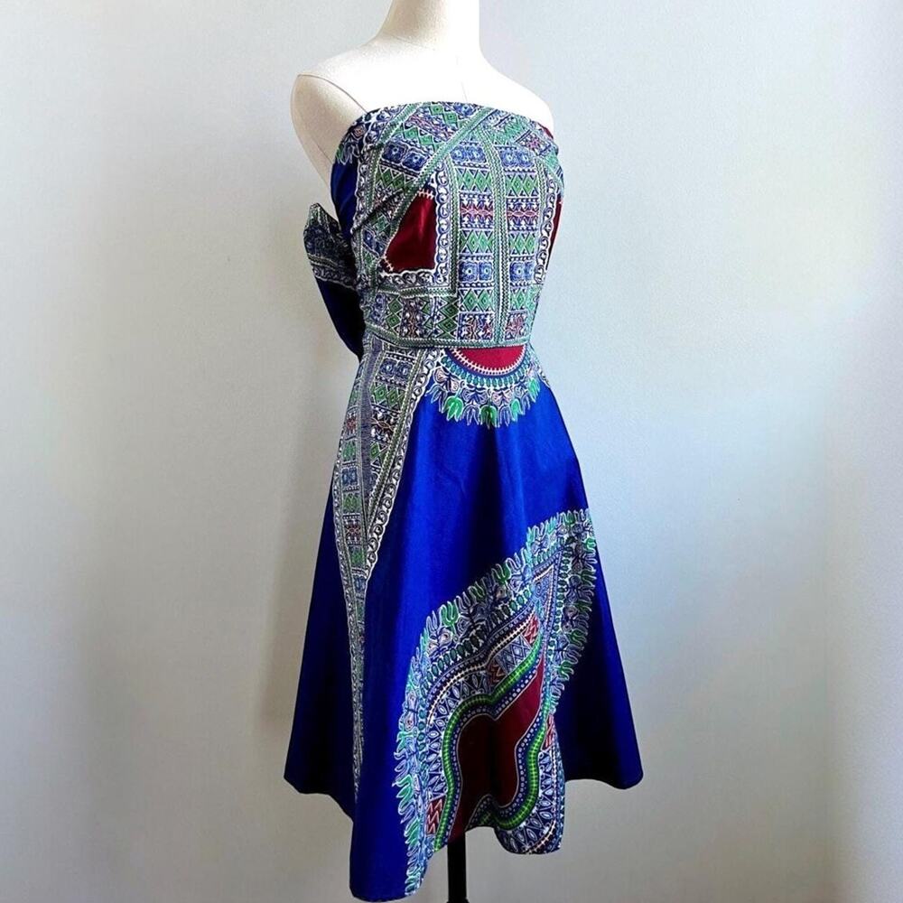 Vintage 50s Strapless Cotton Dress | Apron Style Tie Back Bow Circle Skirt | M